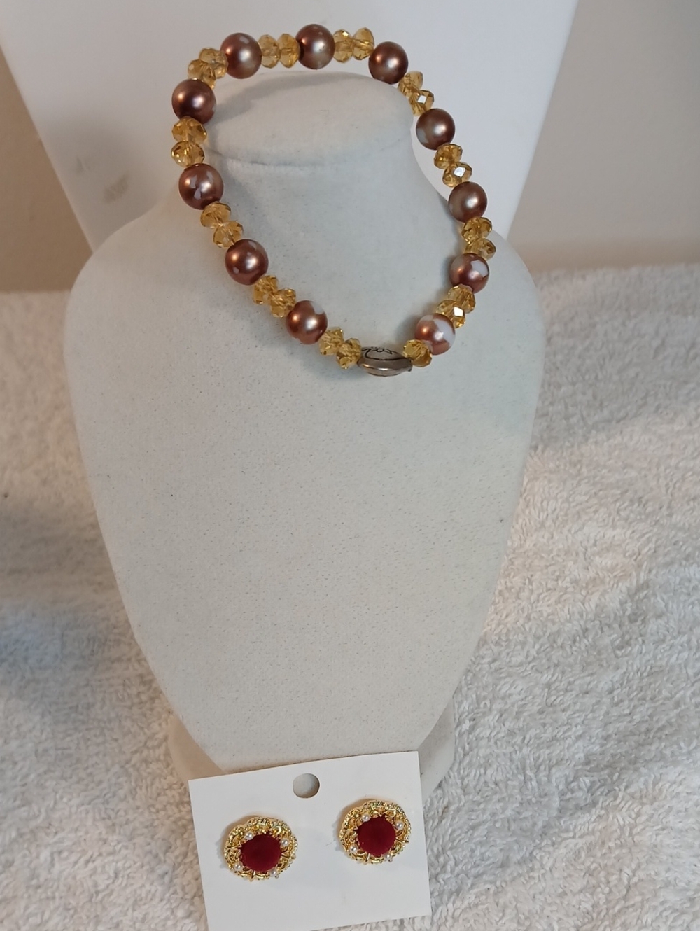 Gold-Tone and Rose (Faux) Pearl Bracelet with Gold-Tone &  Red Stud Earrings